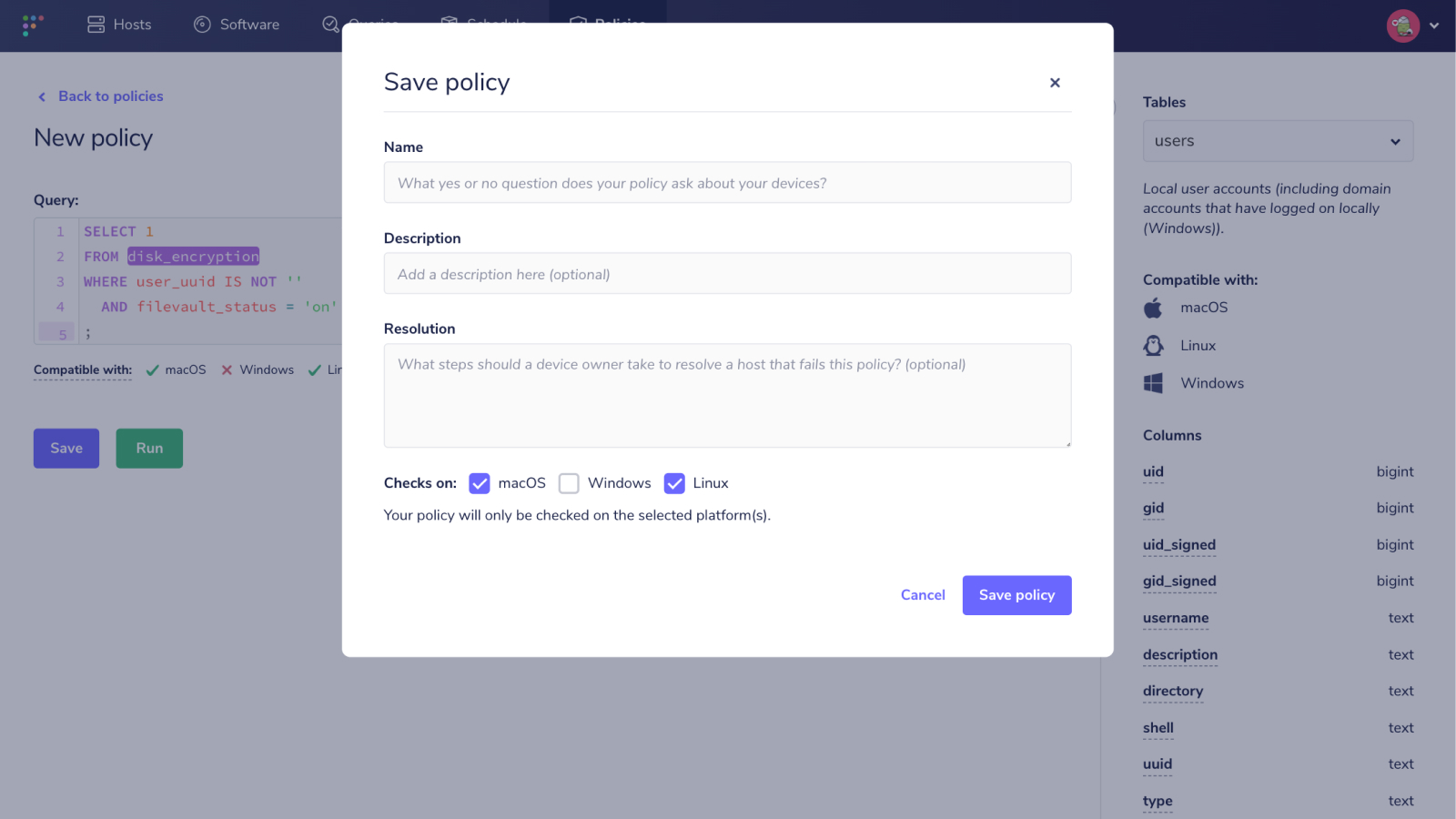 Create a policy modal in Fleet