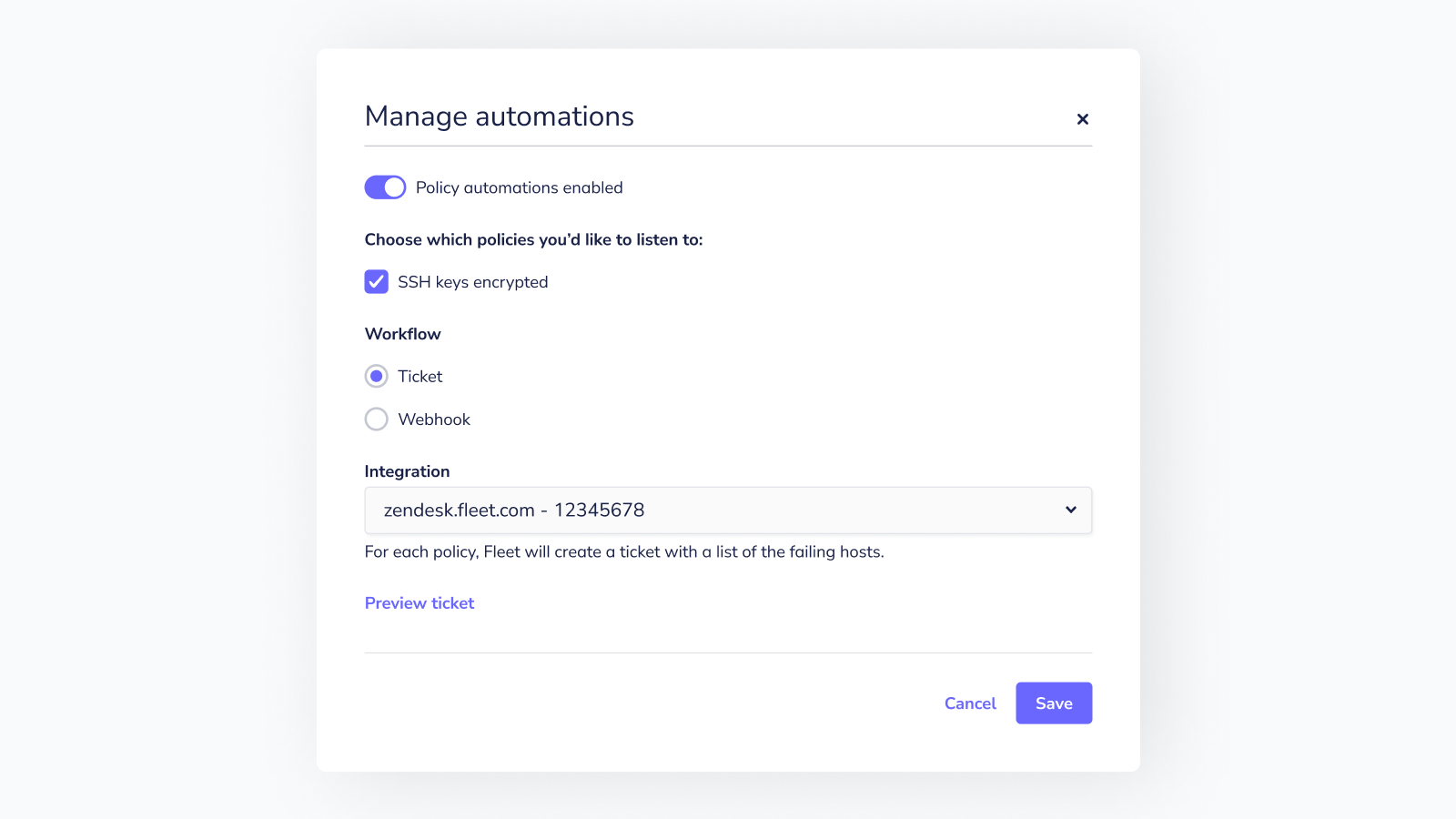 Automatically create Jira issues or Zendesk tickets for failing policies