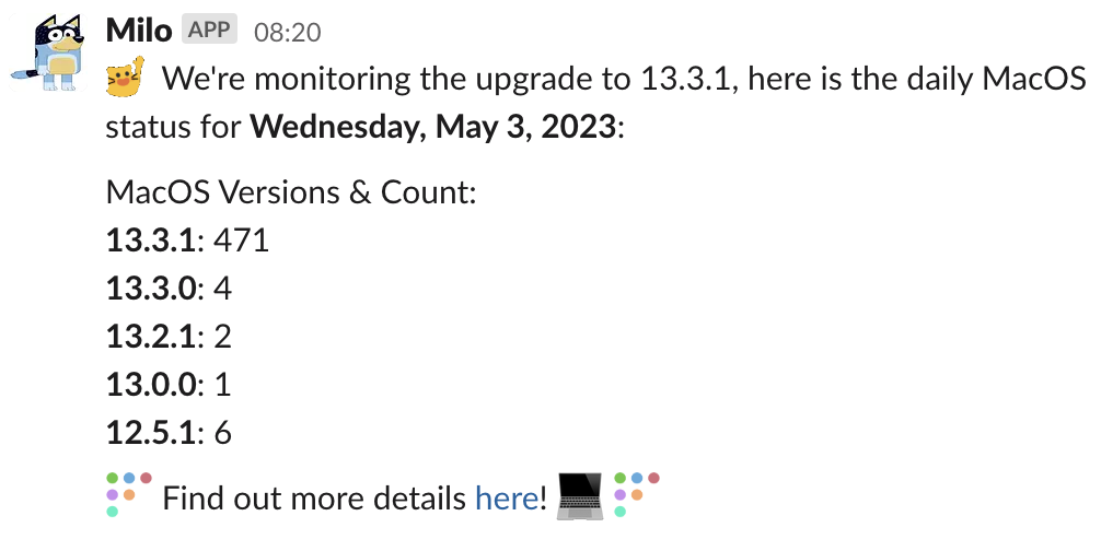 Slack message reporting OS versions