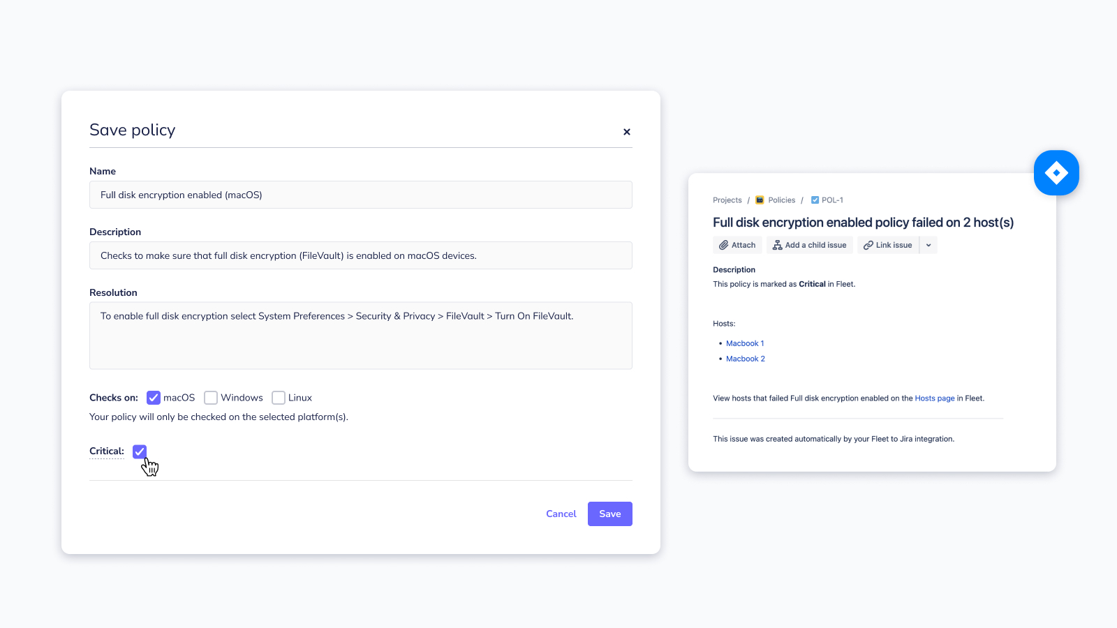 Critical policy and automatic Jira ticket