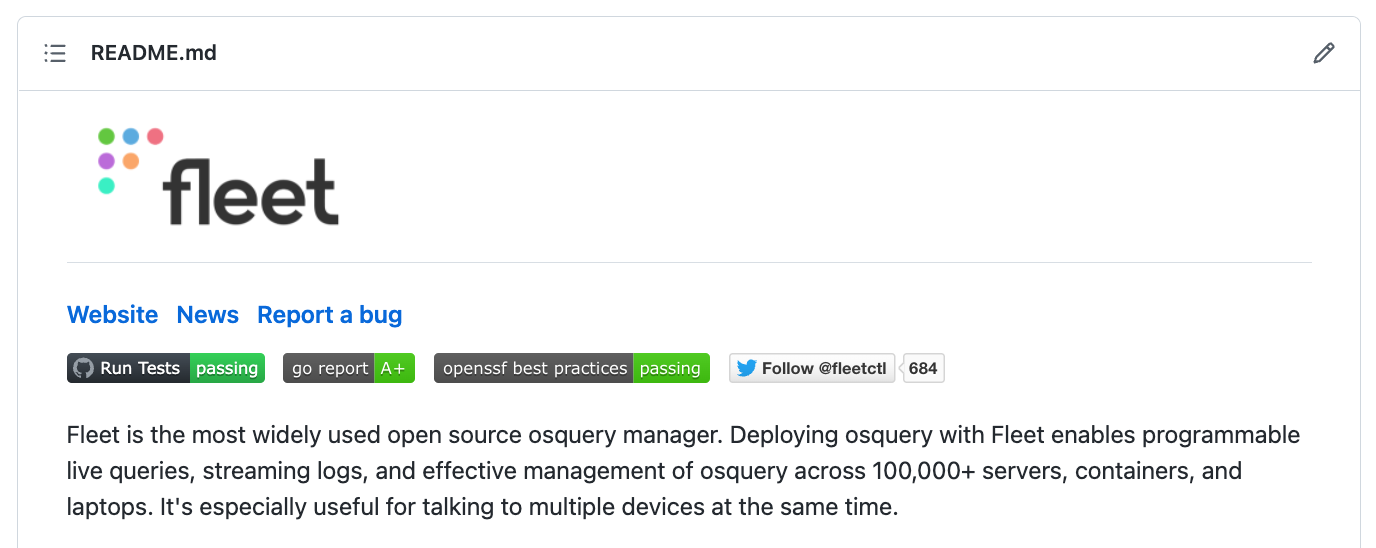 Screenshot from README.md on Fleet repository showing the OpenSSF best practices badge as passing.