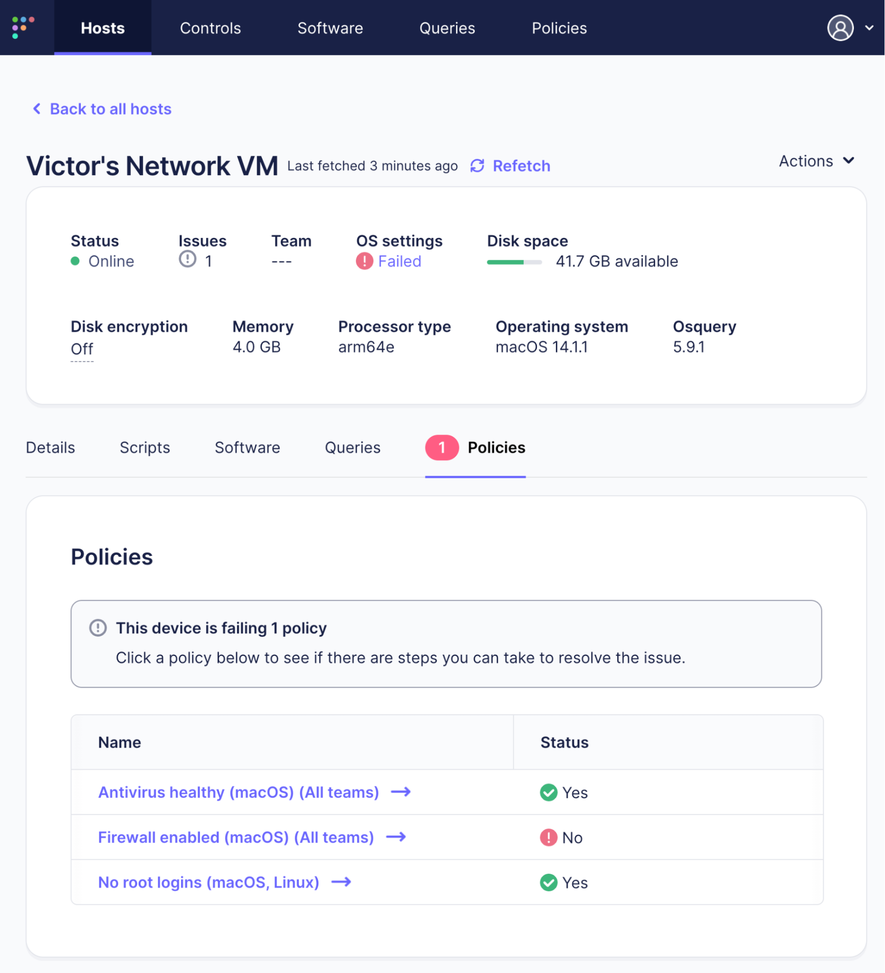 Host view with failing policy